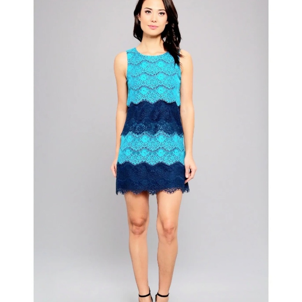 Ruffle tiered lace blue mini dress